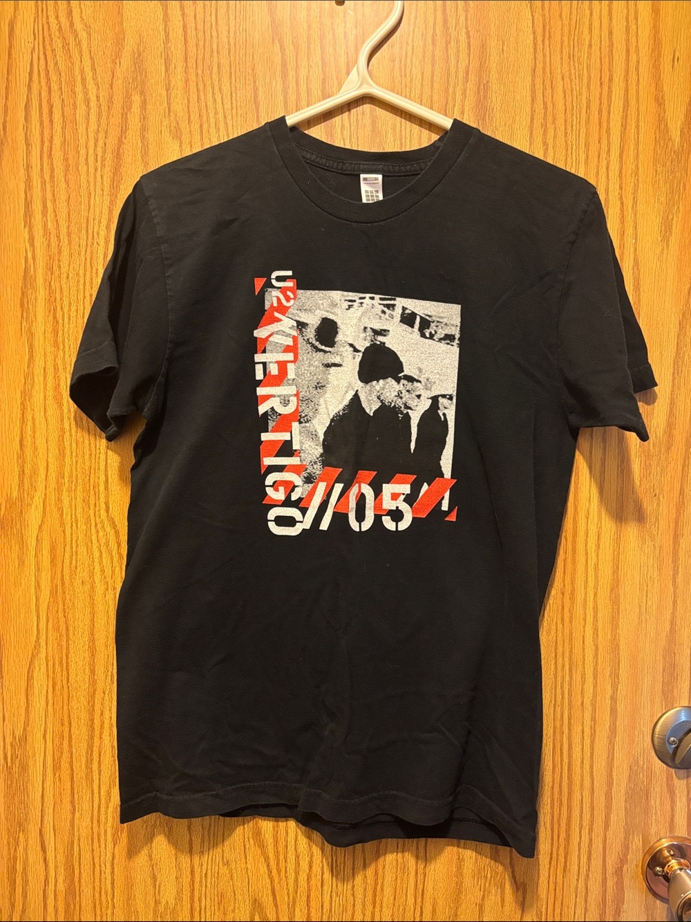U2 Vertigo Tour Tee Black Graphic Band Tee with Red & White Print